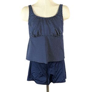 Lands End Tankini Top Shorts Navy Blue White Polka Dot Size 16W  18 DD Cup